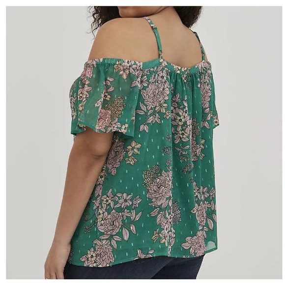 Torrid size 3 Cold Shoulder Halter Top - Crinkle Chiffon Floral Green - Picture 3 of 3